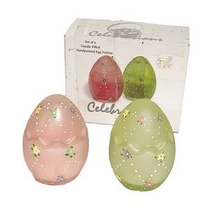 Celebrations Glass Hand Painted Egg Votive Candle Holders Spring Easter Set of 2